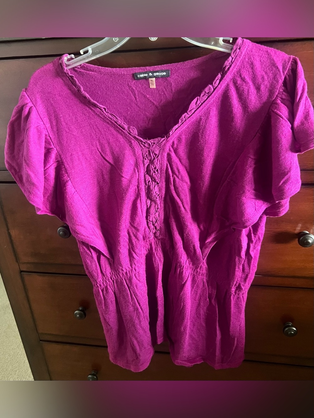 Cable & Gauge Fuchsia Short Sleeve V-Neck Peasant Top